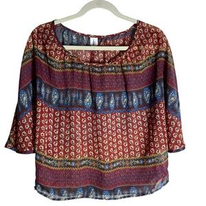 Love Soup Paisley Print Sheer Short Sleeve Blouse Red Blue Size Medium